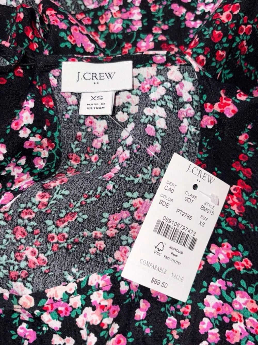 J. Crew Black Long-Sleeve Tee with Pink & White Floral Print